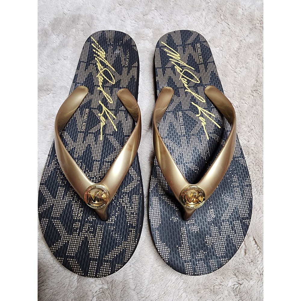 Michael Kors Womens Black Gold MK Monogram Flip Flop Sandals Size 8M